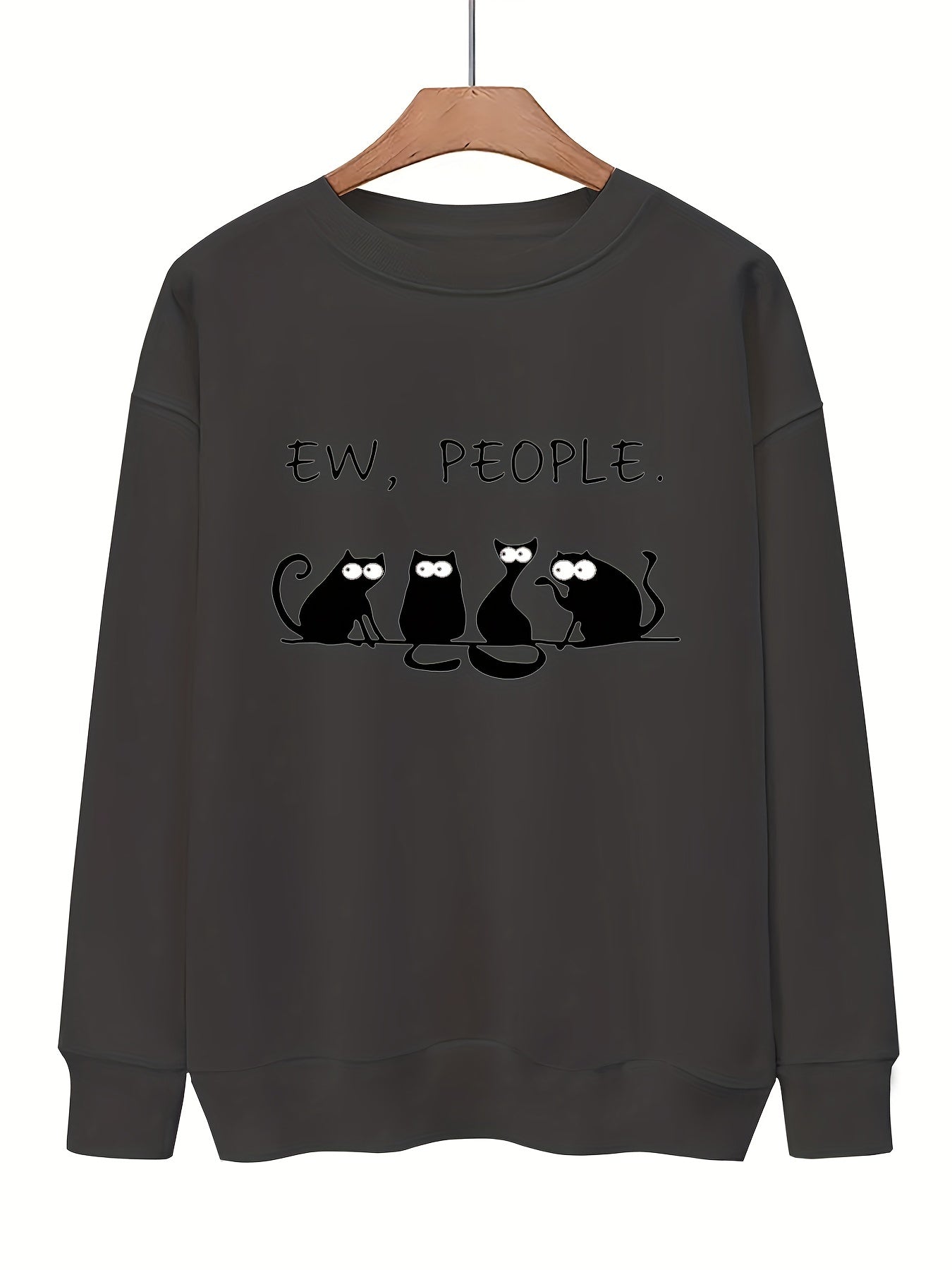 Cat & Letter Print Crew Neck Sweatshirt for Fall & Winter