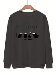 Cat & Letter Print Crew Neck Sweatshirt for Fall & Winter