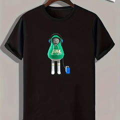 Men's Cartoon Print Stretch Tee for Outdoor Summer