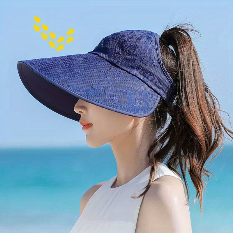 Solid Jacquard Visor Hat Wide Brim Sunscreen Travel Beach Hat for Women