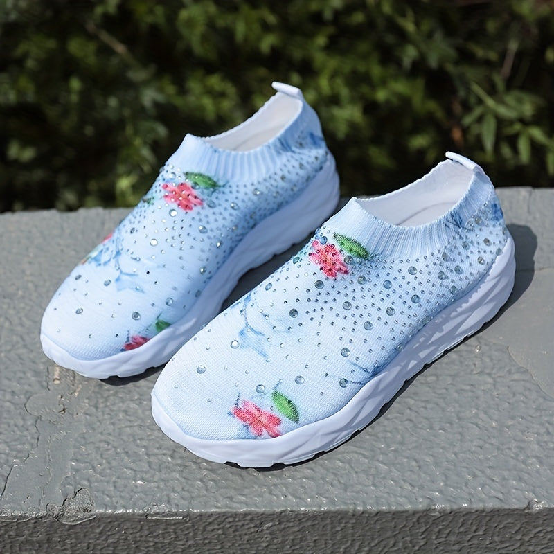 Floral Print Slip On Sock Shoes with Rhinestones
