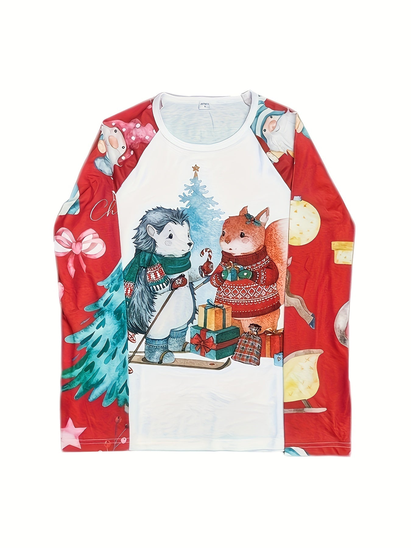 Christmas Print Pajama Set Long Sleeve Crew Neck Top & Elastic Waistband Pants