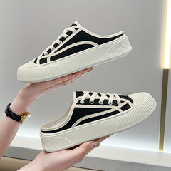 Women's Platform Canvas Shoes Round Toe Lace Up Low Top Sneakers