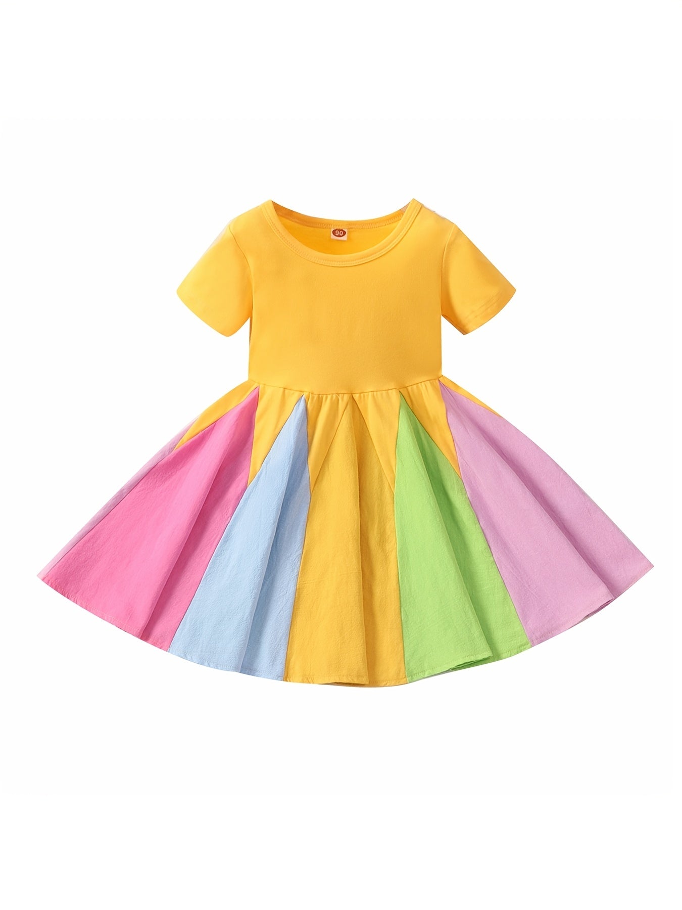 Girls Rainbow Block Short Sleeves Round Neck Cotton Casual Princess Dress