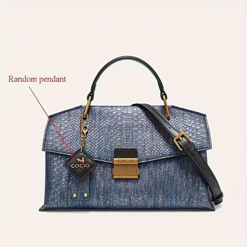 Vintage Croc Pattern Large Tote Bag Women Split Leather Shoulder Detachable Stra