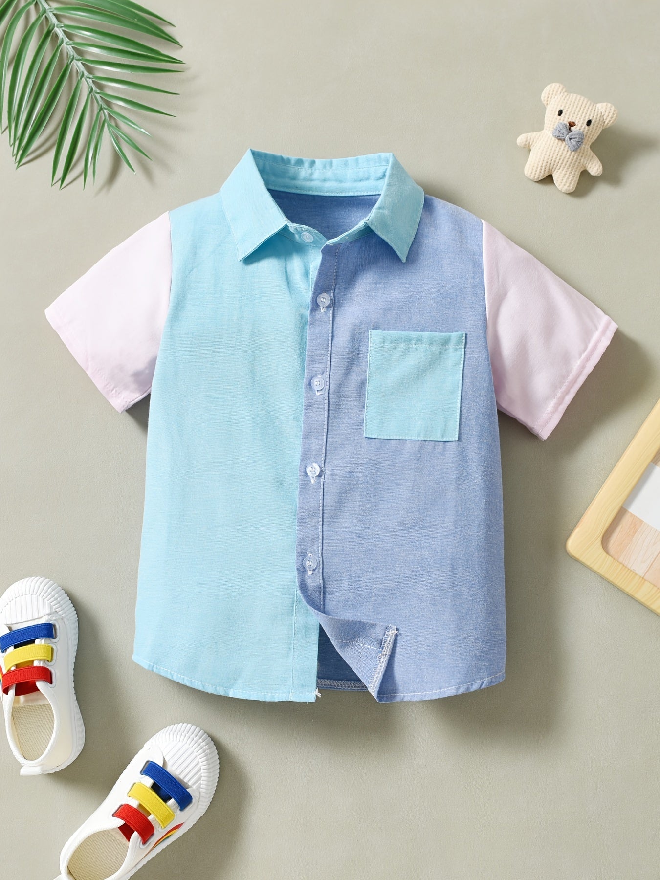 Boys Block Pocket Button Lapel Short Sleeve Shirts Tops Kids Clothes