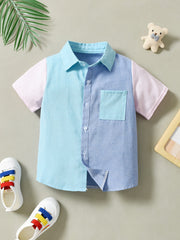 Boys Block Pocket Button Lapel Short Sleeve Shirts Tops Kids Clothes