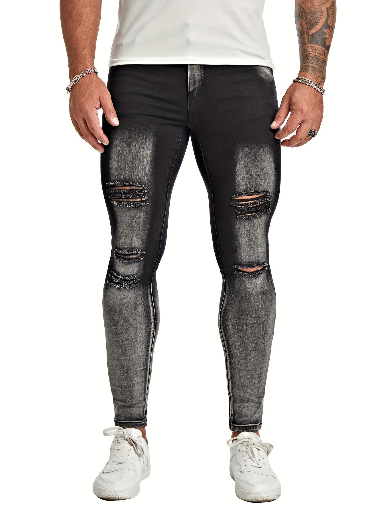 Men's Ripped Skinny Fit Stretch Long Trousers