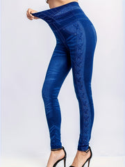 Denim Print Skinny Leggings Casual High Waist Stretchy Leggings
