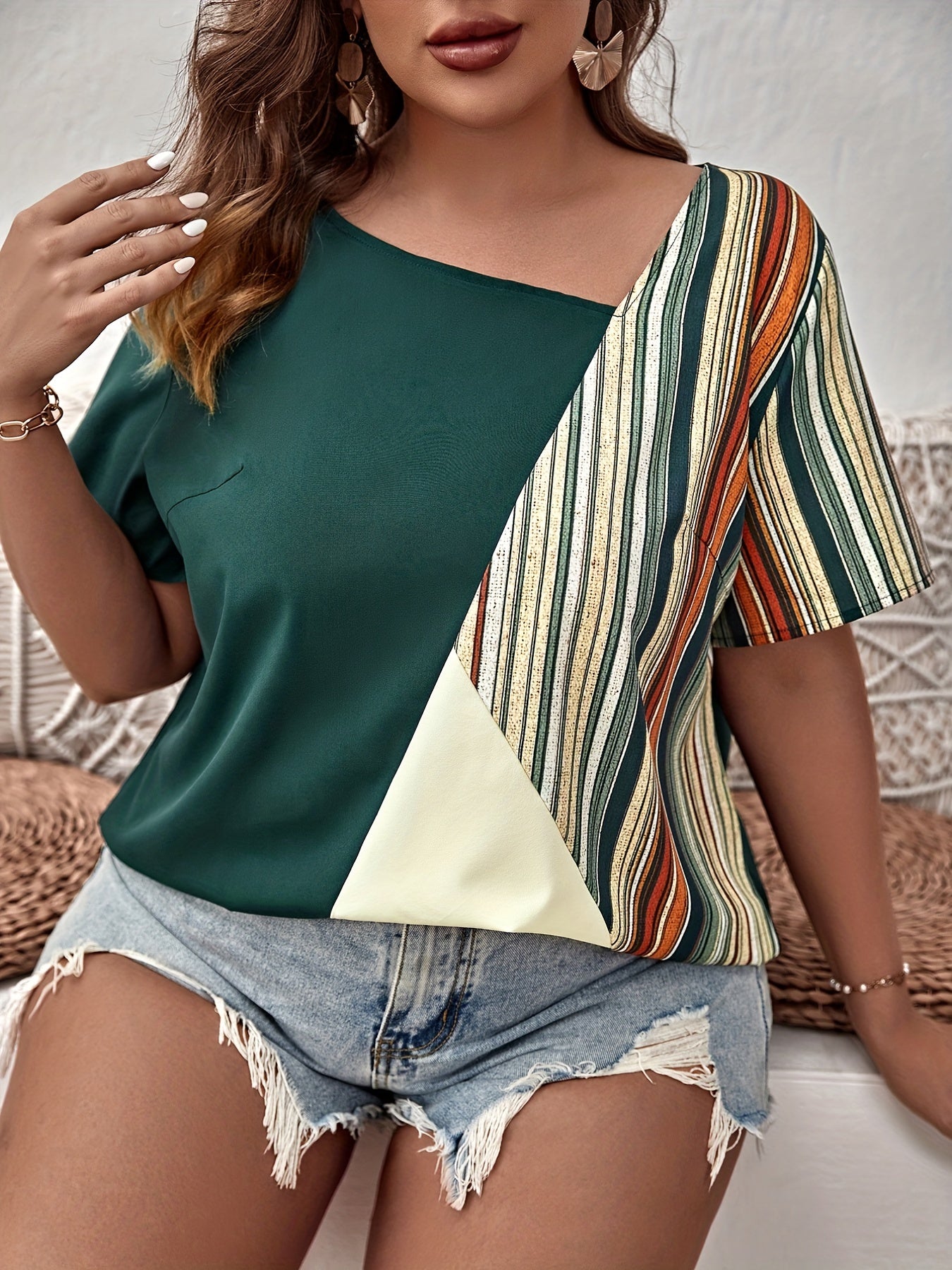 Colorblock Stripe Print Short Sleeve Top