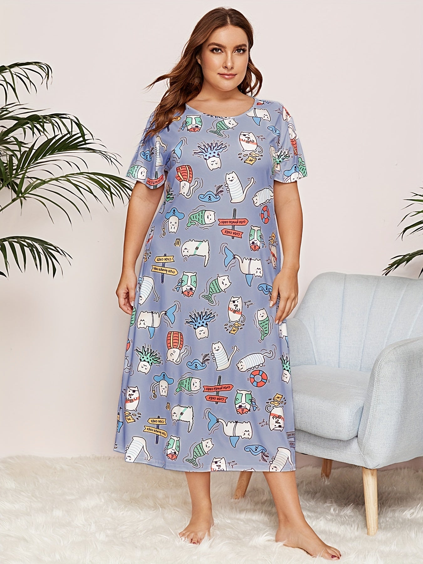 Casual Nightdress Women's Plus Funny Cats Print Short Sleeve