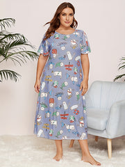 Casual Nightdress Women's Plus Funny Cats Print Short Sleeve