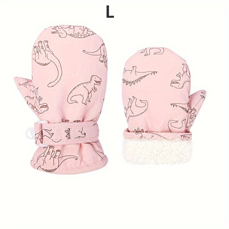 Kids Winter Plush Warm Skiing Mittens Dinosaur Print