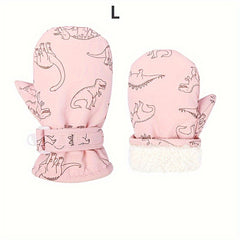 Kids Winter Plush Warm Skiing Mittens Dinosaur Print
