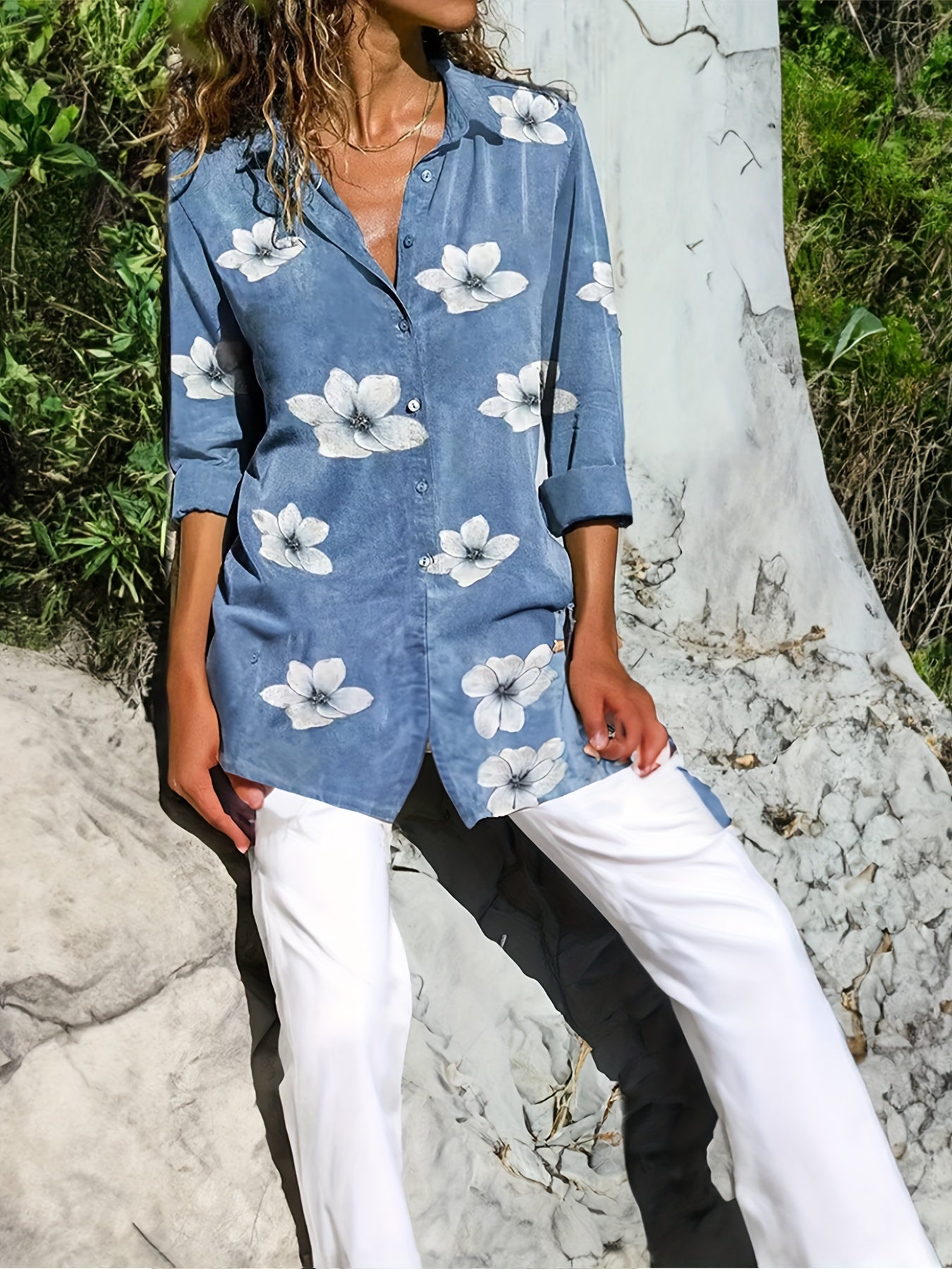 Floral Print Long Sleeve Tunic Shirt Top