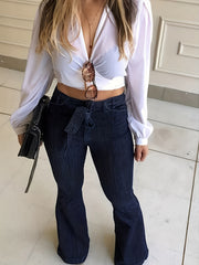 High Stretch Navy Flared Jeans With Waistband Bell Bottom Wide Legs Denim Pants