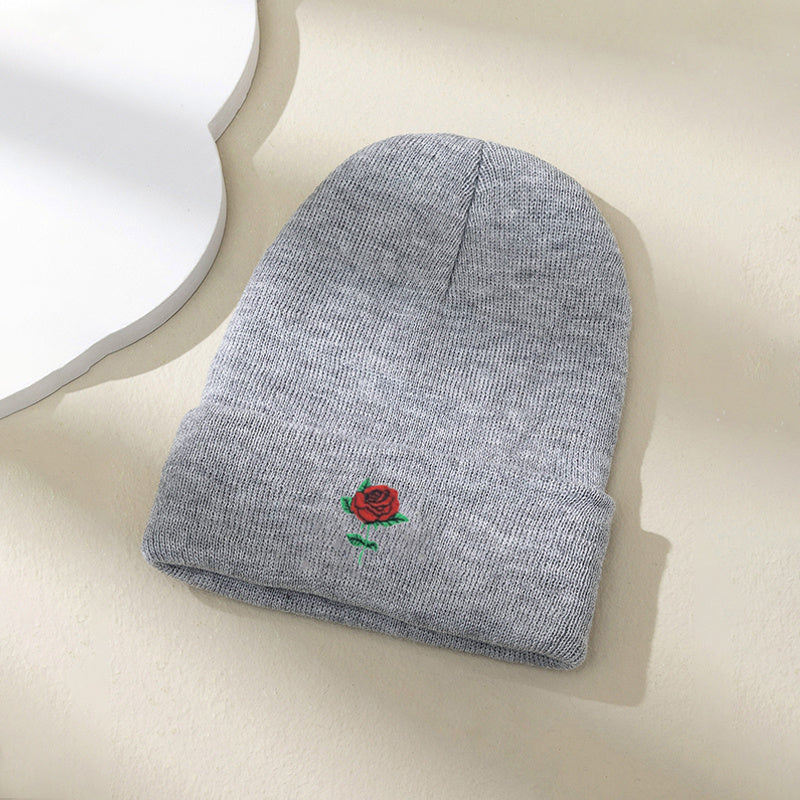 Embroidery Rose Beanies Women Chunky Knit Beanie