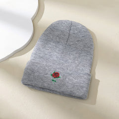 Embroidery Rose Beanies Women Chunky Knit Beanie
