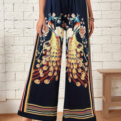 Women's Plus Peacock Frayed Print Wide Leg Pants