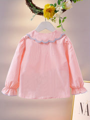 Girls Flower Embroidered Button Long Sleeve Shirt