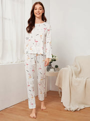 Flamingo Print Pajama Set Long Sleeve Crew Neck Top & Elastic Waistband Pants