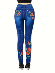 Floral Denim Print High Rise Stretch Leggings