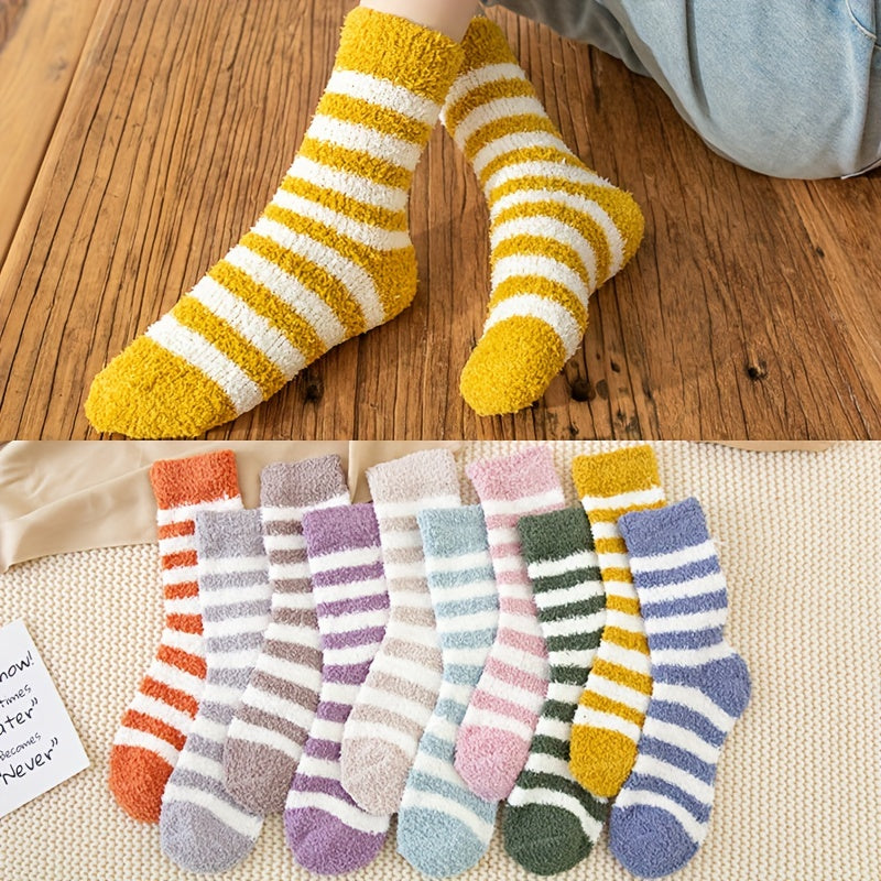 6 Pairs Striped Print Fuzzy Socks Comfy & Warm Mid Tube Socks
