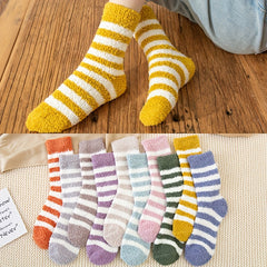 6 Pairs Striped Print Fuzzy Socks Comfy & Warm Mid Tube Socks