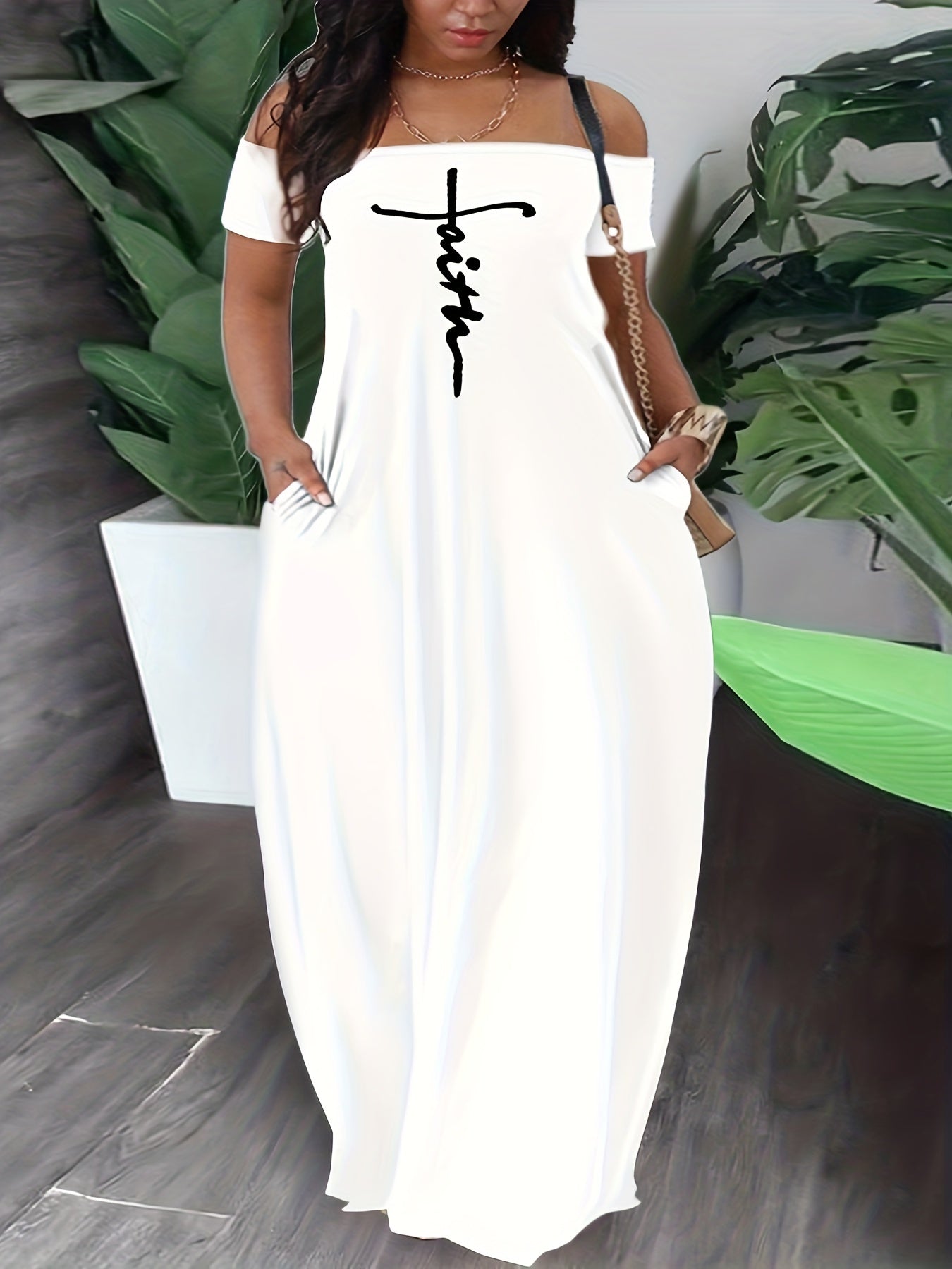 Women's Plus Cross Letter Print Off Shoulder Maxi Dress