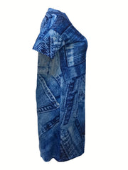 Denim Print V Neck Tee Dress with Pockets