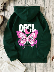 Butterfly Print Hooded Sweatshirt with Kangaroo Pocket