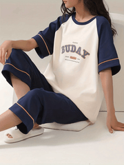 Letter Print Pajama Set Comfort Half Sleeve Top & Loose Cropped Pants