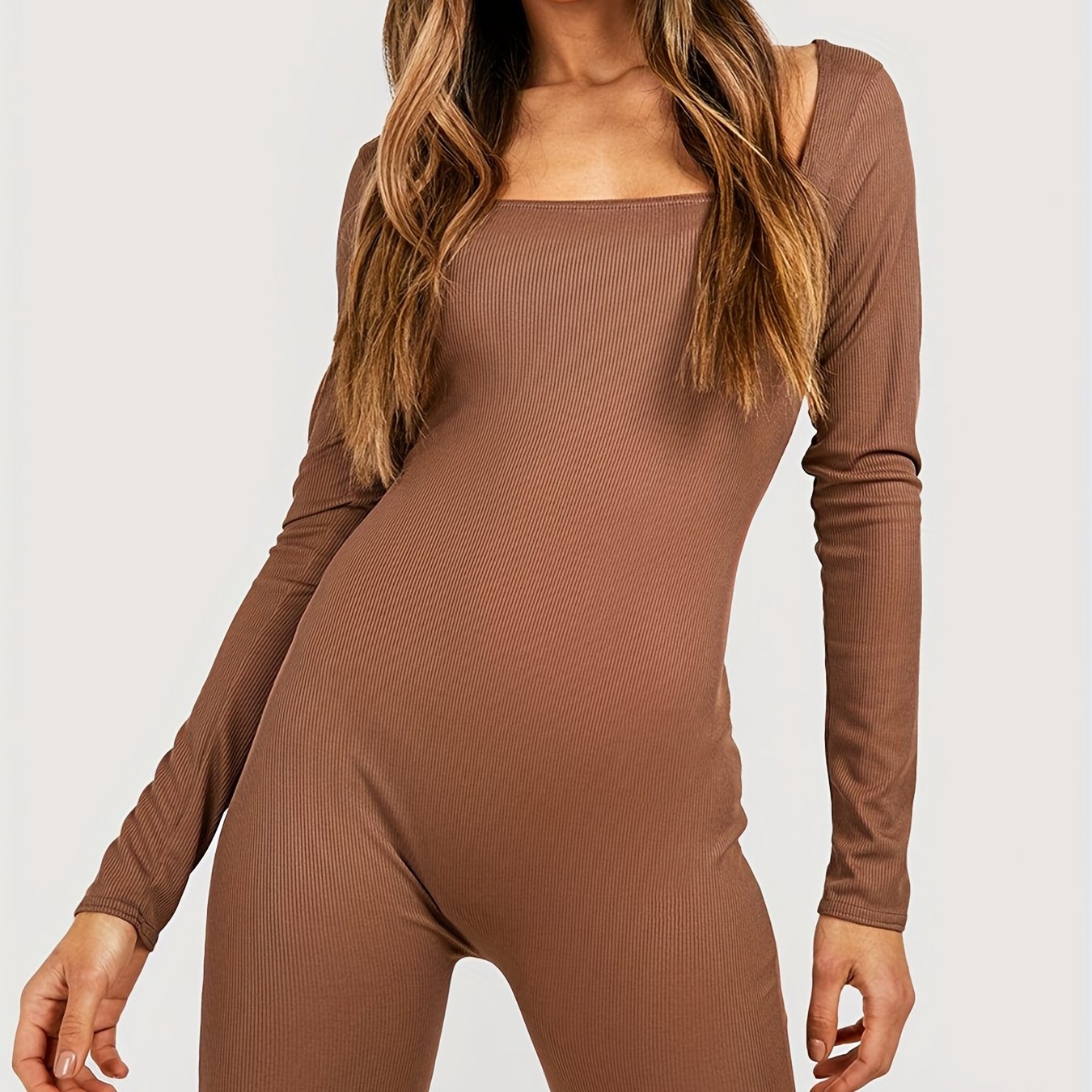 Ribbed Square Neck Long Sleeve Jumpsuit Solid Romper