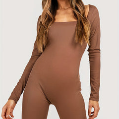 Ribbed Square Neck Long Sleeve Jumpsuit Solid Romper