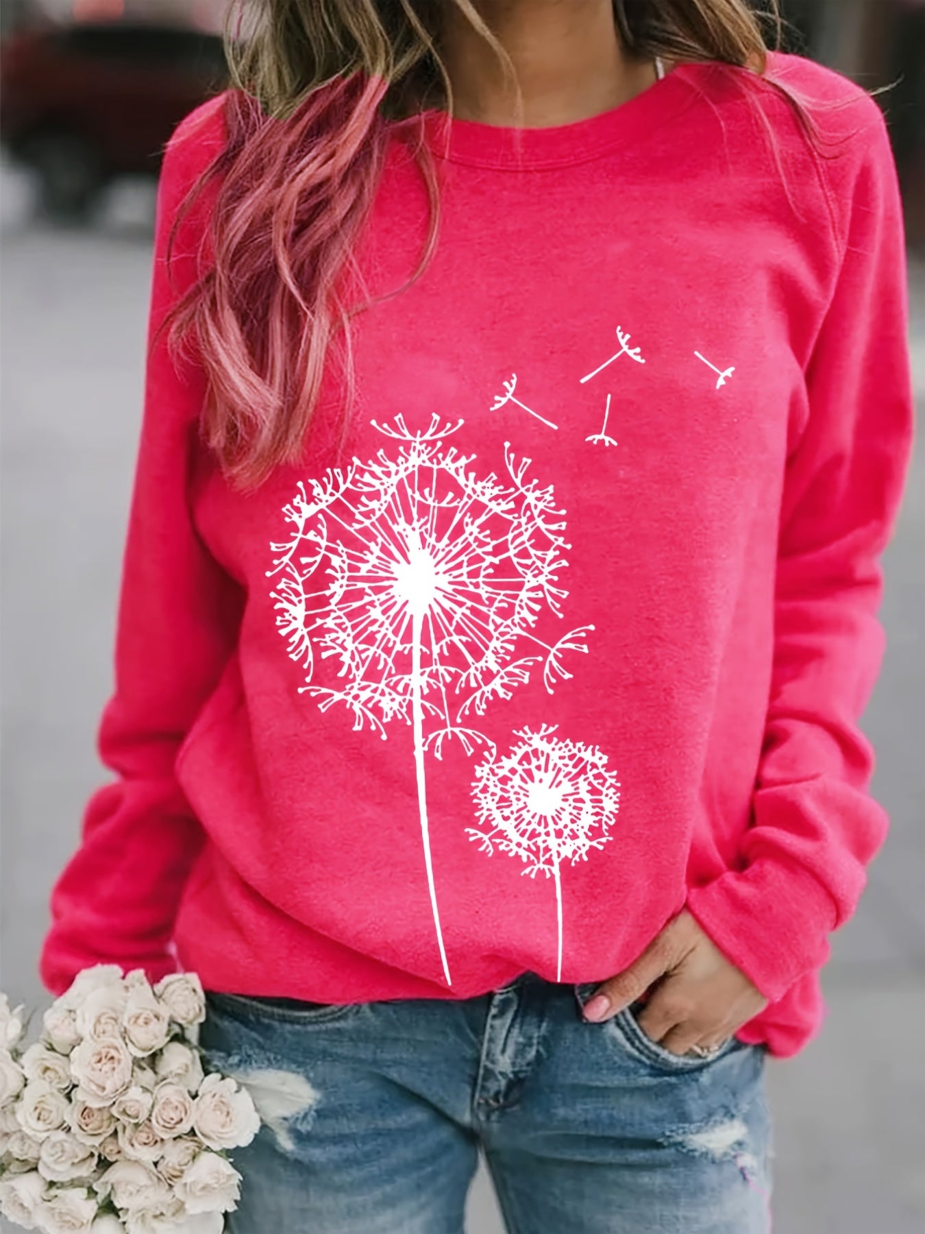 Dandelion Print Crew Neck Sweatshirt for Women