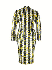 Stripe Print Half Zipper V Neck Bodycon Maxi Dress