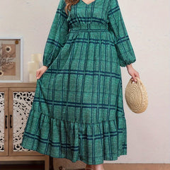 Plus Size Grid Print Long Sleeve V Neck Maxi Dress
