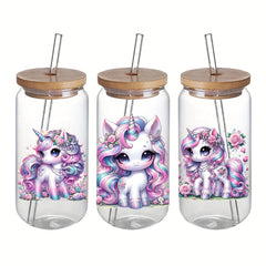 4 Watercolor Unicorn UV DTF Stickers 16oz Glass Cup Decals
