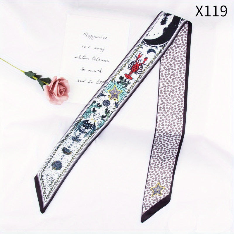 Flower Print Skinny Scarf Long Ribbon Neckerchief Silk Twilly Scarf