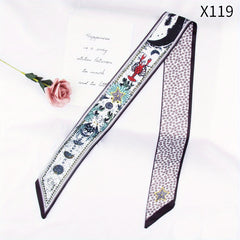Flower Print Skinny Scarf Long Ribbon Neckerchief Silk Twilly Scarf
