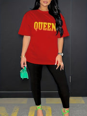Queen Print Two piece Set Crew Neck Tee & Slim Pants