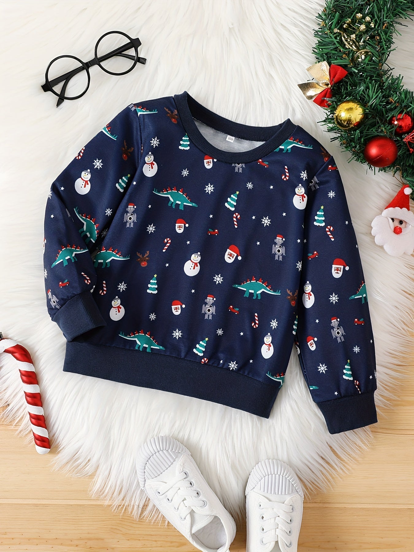 Dinosaur Santa Pattern Kid's Sweatshirt Long Sleeve Top Crew Neck Pullover