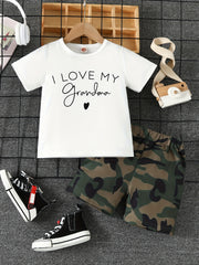 Boys I LOVE MY GRANDMA Print T-shirt & Shorts Set, Summer Kids Clothing