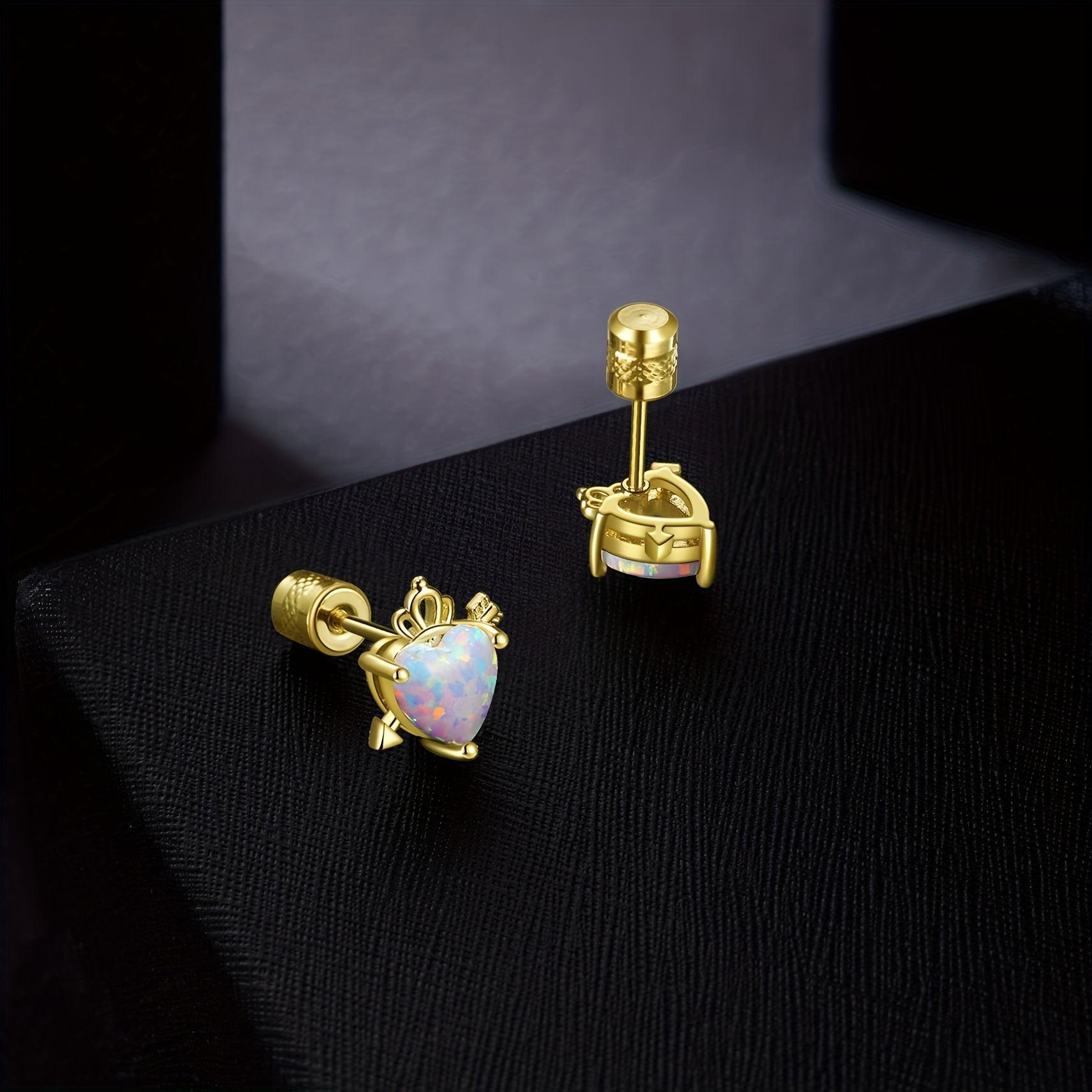 Heart Opal Crown Stud Earring Golden Mini Animal Earrings
