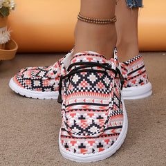 Geometric Printed Lace-Up Flat Shoes Round Toe Lightweight Walking Shoes