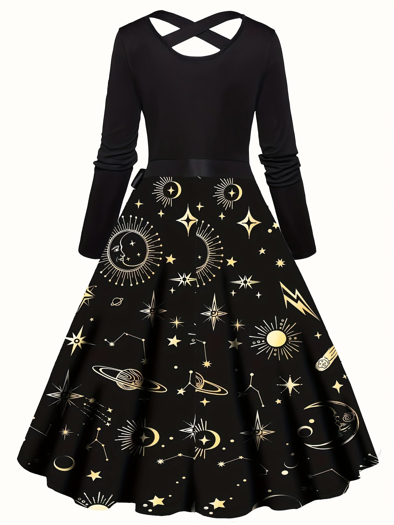 Sun & Moon Print Knot Front Long Sleeve A line Dress