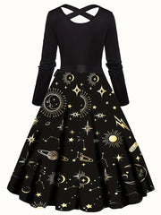 Sun & Moon Print Knot Front Long Sleeve A line Dress