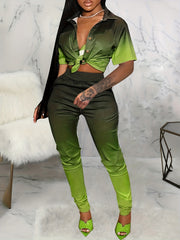 Colorblock Ombre Print Blouse & Pants Set