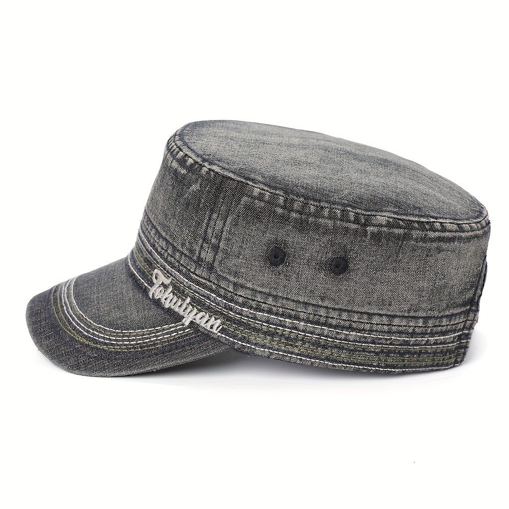 Washed Denim Military Cap Embroidered Army Hat Women Flat Top Cadet Hats