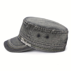 Washed Denim Military Cap Embroidered Army Hat Women Flat Top Cadet Hats